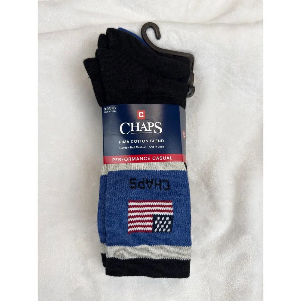 Chaps Mens 3 Pair Pima Cotton Blend Performance Casual Socks American Flag Black